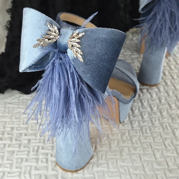 Antonio Melani Womans Powder Blue Platforms  9 Ostrich Feathers Leather Velvet - Picture 4 of 12